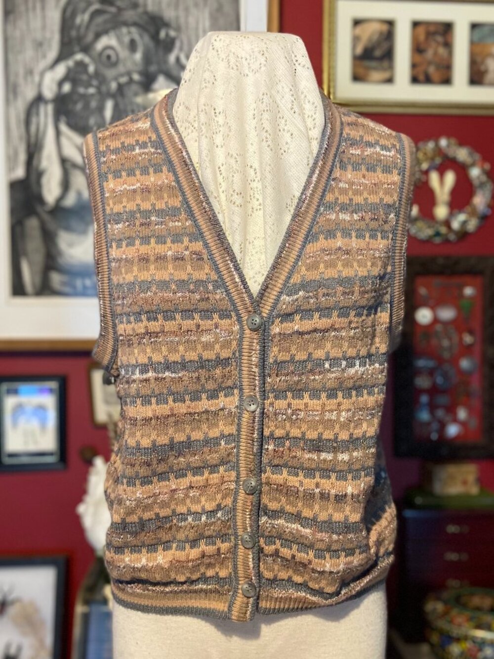 Vintage 80's Sweater Button Up Vest ILGWU Brand Earth Tones Size Med